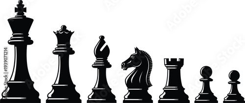 Black chess piece silhouettes including king queen bishop knight rook and pawn isolated on white background for strategy and competition vector