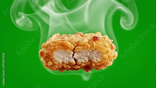 Crispy Golden Chicken Nugget Steam Rising Isolated Green Screen Background Delicious Food Product Advertisement Looped Animation