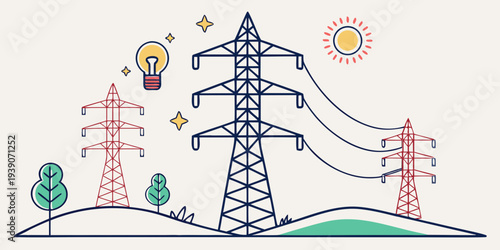 Illustration of renewable energy transmission through power lines and solar power integration.