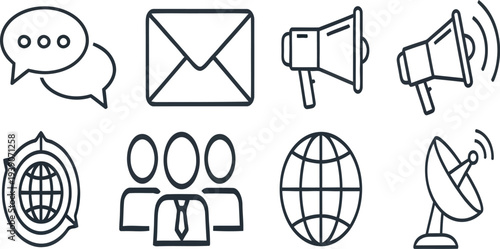 A collection of communication and networking icons in a simple line drawing style