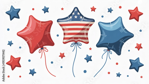 Red white and blue star shaped balloons floating among stars and dots on white background symbolizing patriotism and celebration