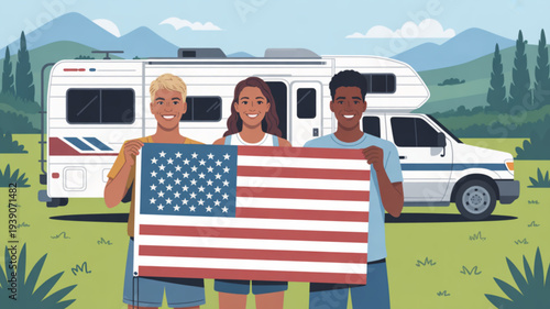Diverse friends holding american flag in front of camper van on green field with mountains