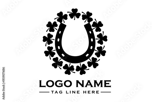 A black silhouette logo featuring a horseshoe surrounded by four-leaf clovers and shamrocks, with a placeholder text 'LOGO NAME' and 'TAG LINE HERE' on a white background, symbolizing Irish