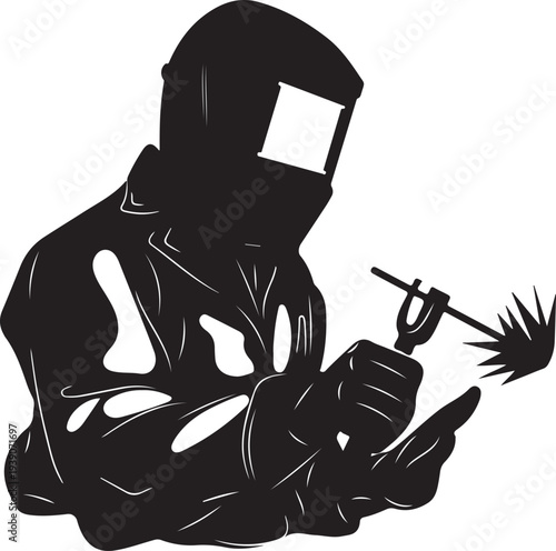 Print Welder in protective gear welding with torch, industrial work