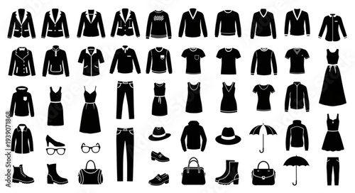 Collection of various clothing items and accessories in black silhouettes.