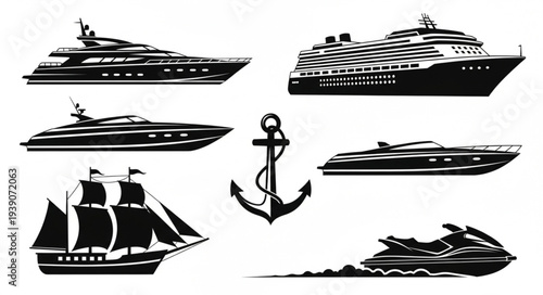 Collection of various black silhouette water vessels and anchor.