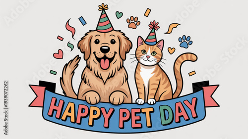 Golden retriever dog and orange cat celebrating happy pet day with party hats and confetti