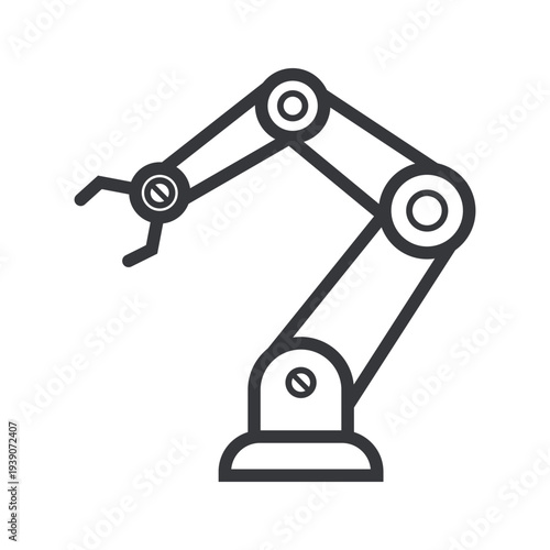 Isolated outline pictogram of robotic arm with claw representing industrial automation, manufacturing technology, mechanical handling, and modern factory production equipment