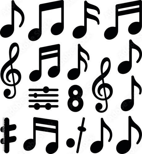 A collection of black musical notes and symbols on a white background