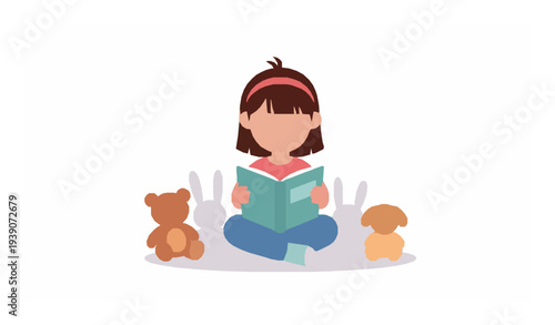 Happy little girl reading book with stuffed animals cartoon vector illustration