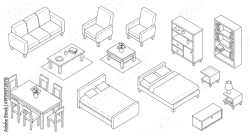 Collection of Furniture Items in Isometric View Minimalist Line Art.