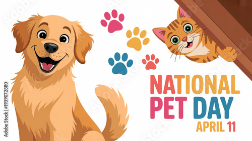 Happy national pet day celebration with dog and cat paw prints and colorful text on white background