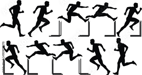 athlete hurdler running silhouettes set, track and field hurdle jump poses collection, sprint race training vector illustration