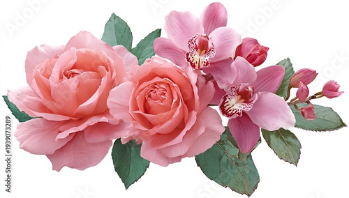 Soft pink roses and delicate orchids form a lush floral arrangement