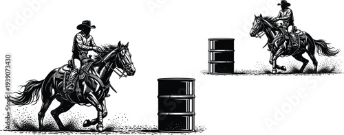 Cowboy riding horse barrel racing western rodeo sport action vintage engraving style cad drawing flat vector illustration set