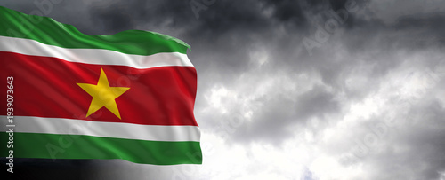 National flag of Suriname  with dark clouds in the background, 3D rendering.