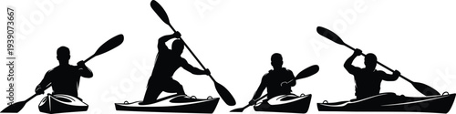Black silhouette set of professional kayakers paddling in kayaks on white background for outdoor water sports and active summer recreation.
