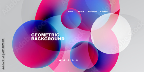 Abstract geometric background features vibrant overlapping circles. Gradient colors blend pink, purple, blue over dark surface. Navigation menu present.