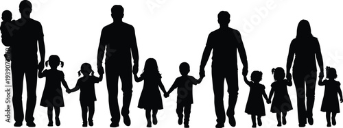 Black silhouettes of diverse parents holding hands with children in various family groupings isolated on white background for conceptual design.