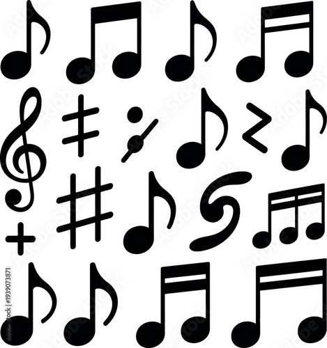 A collection of black musical notes and symbols on a white background