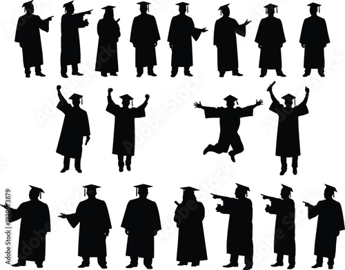 Graduate students silhouettes set graduation cap gown celebration poses education success cad drawing flat vector illustration collection