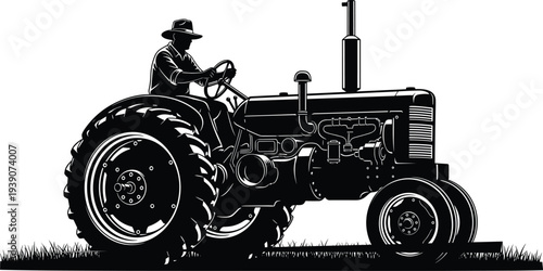 Black Vintage Tractor Silhouette with Farmer Driving Vector Illustration Isolated on White Background for Agricultural Farming Industry and Rural Theme
