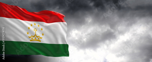 National flag of Tajikistan  with dark clouds in the background, 3D rendering.