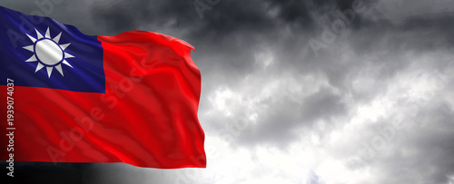National flag of Taiwan  with dark clouds in the background, 3D rendering.