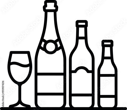 A minimalist line drawing of wine bottles and a glass on a table