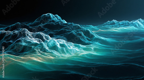 futuristic sonar mapping concept showing abstract underwater landscape waves in deep blue turquoise tones representing marine exploration ocean science and seafloor research