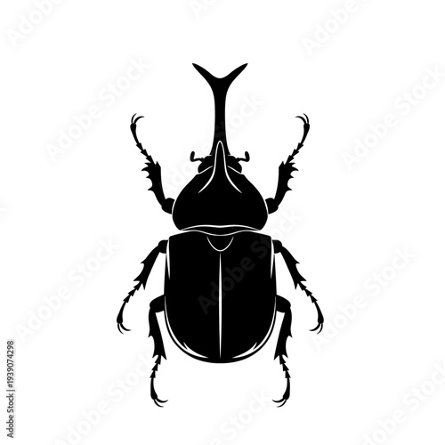 Black and white vector illustration of a rhinoceros beetle on a white background.