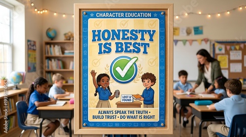 Character education poster with text 'honesty is best' in classroom setting with students and teacher