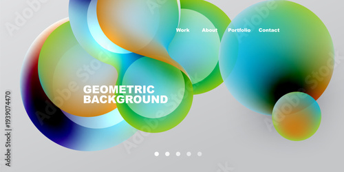 Abstract colorful shapes overlap. Text labels present work, about, portfolio, contact. Gradient background provides visual interest.