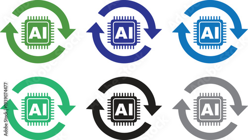 AI chip icon with surrounding arrows in various colors representing artificial intelligence and data processing cycles