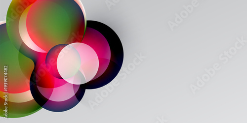 Abstract colorful shapes overlap, creating vibrant visual effect. Dark background contrasts light gradients. Modern design element.