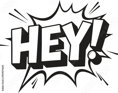 Comic book speech bubble with hey word and explosion effect on transparent background