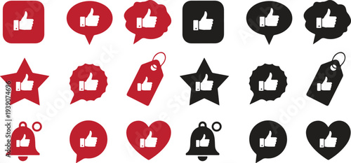 Collection of thumbs up icons in various shapes like heart star speech bubble and tag for social media feedback and positive rating designs