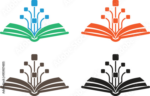 Four stylized open books with abstract data streams in green orange brown and black colors on transparent background