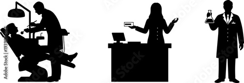 Silhouetted dentist treating patient, cashier handling transaction, scientist with flask, diverse professional occupations illustration, healthcare retail science teamwork vector art design