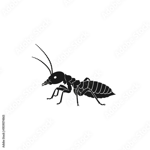 Black and white illustration of an ant isolated on a white background.