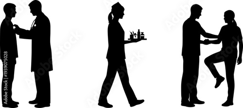 Healthcare professional examining patient with stethoscope, nurse carrying medical tray with supplies, doctor assisting patient in physical therapy exercise, medical care silhouettes illustration
