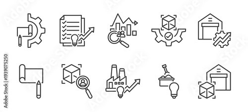Icon pack of Process Innovation outline vector style for product lifecycle management hazard analysis critical control points creative design elements multiple thickness variations