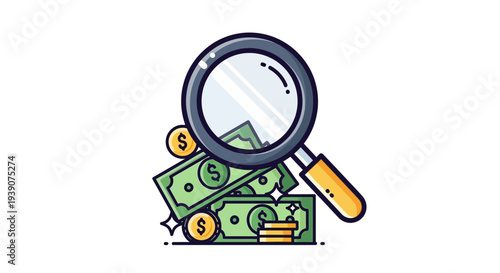 Magnifying glass examining money and cash