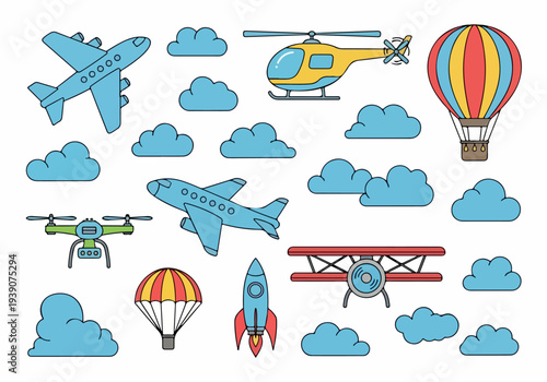 A collection of aircraft and air transport vehicles flying amidst clouds in a serene sky