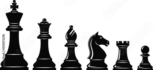 Complete set of black chess piece silhouettes including king queen bishop knight rook and pawn isolated on white background vector