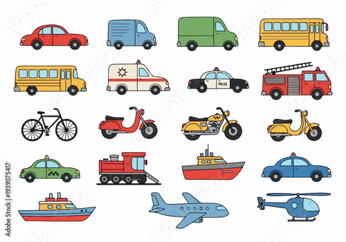 Collection of various vehicles including cars, buses, motorcycles, boats, and airplanes on a plain white background, viewed from directly above.