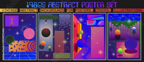 1980s Abstract Poster Set. Retro Party Placards Backgrounds for 80s Posters, Covers, Illustrations. 1980s Colors and Shapes, Vintage Graphic Design
