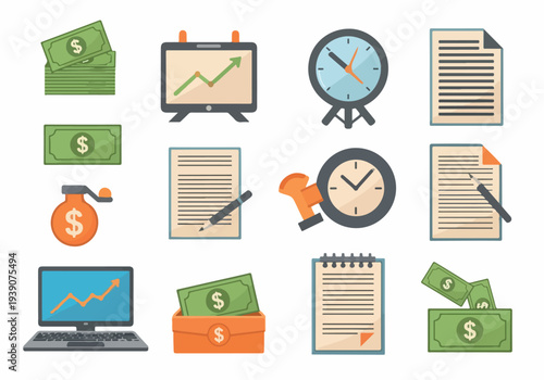 Financial documents and office supplies illustration on a digital workspace showcasing various business and money management tools.