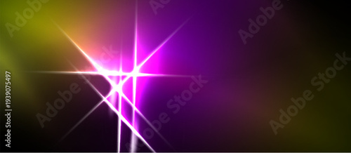 Bright light burst radiates from center. Vivid purple, orange hues blend into darkness. Dramatic effect creates energy.