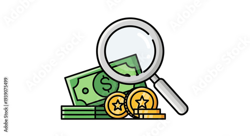 Investigation of financial growth with magnifying glass on money
